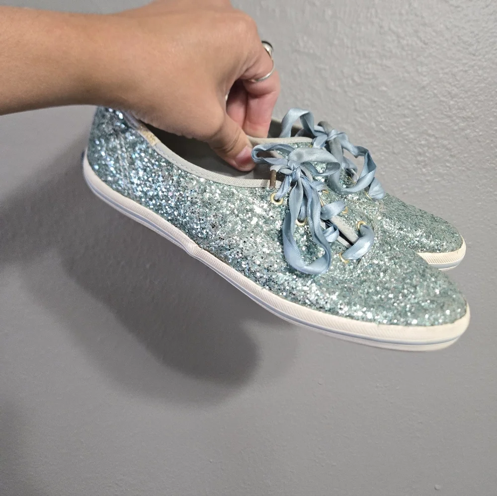 kate spade Pale Aqua Glitter Ribbon Lace Sneakers